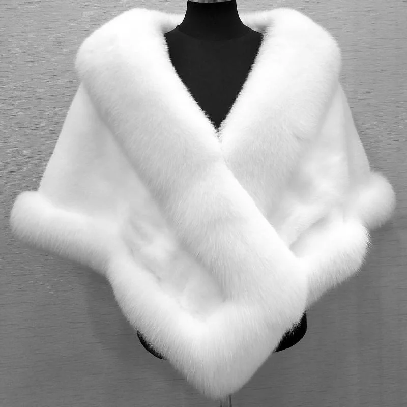 Châles d\'hiver en fausse fourrure pour femmes, manteau haussement d\'épaules de mariage, veste pour femme, cape pour patients initiés, blanc et noir