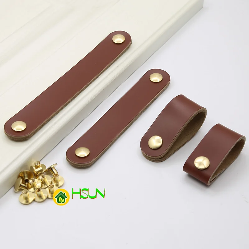 2 pcs Brass pure copper leather handle Nordic luxury Cabinet Door Drawer leather handle children's anti-collision leather