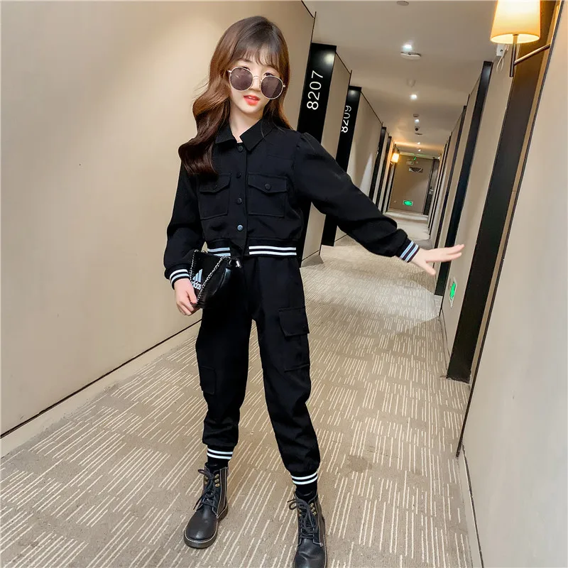 Girls Casual Tooling Suit 2021 Spring Fall New Children's Korean Sports Suit Kids Fashionable Striped Tracksuit Clothes P117