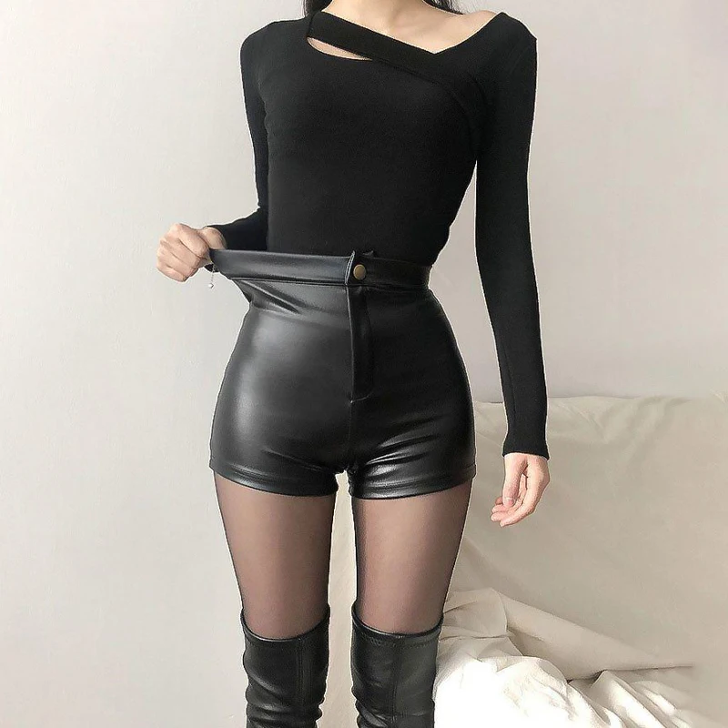 Short en cuir PU taille haute pour femme, short noir Y2K, sac hanche sexy, bas élastique serré, printemps et été