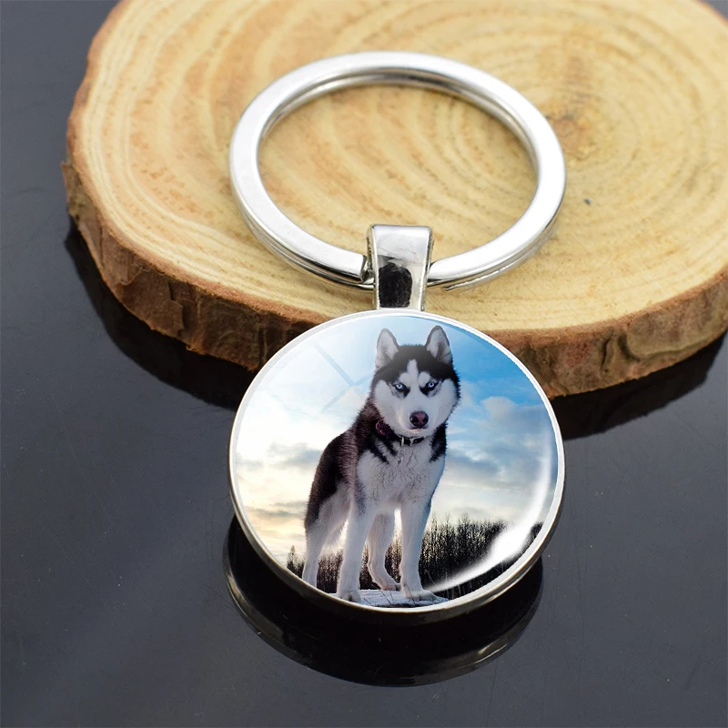 Animals Key Chains Siberian Husky Double Side Keychain Dog Photo Glass Cabochon Keyring Animals Jewelry