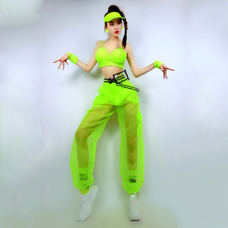 GKnitting-Tenue de brevFluorescente pour Femme, Bikini Vert, Vêtements Hip Hop, Dj, Jazz, Costume de Performance, Discothèque, Scène, ChrV15847