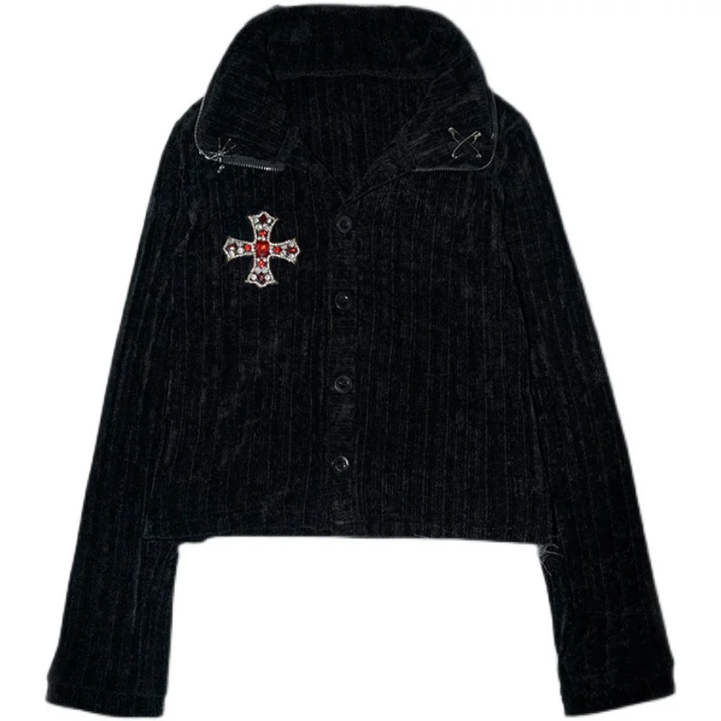 Chaqueta de punto abierto para mujer, ropa de calle gótica Punk, diamantes cruzados, cuentas, subcultura, Rock, color negro, diseñador japonés, Y2K