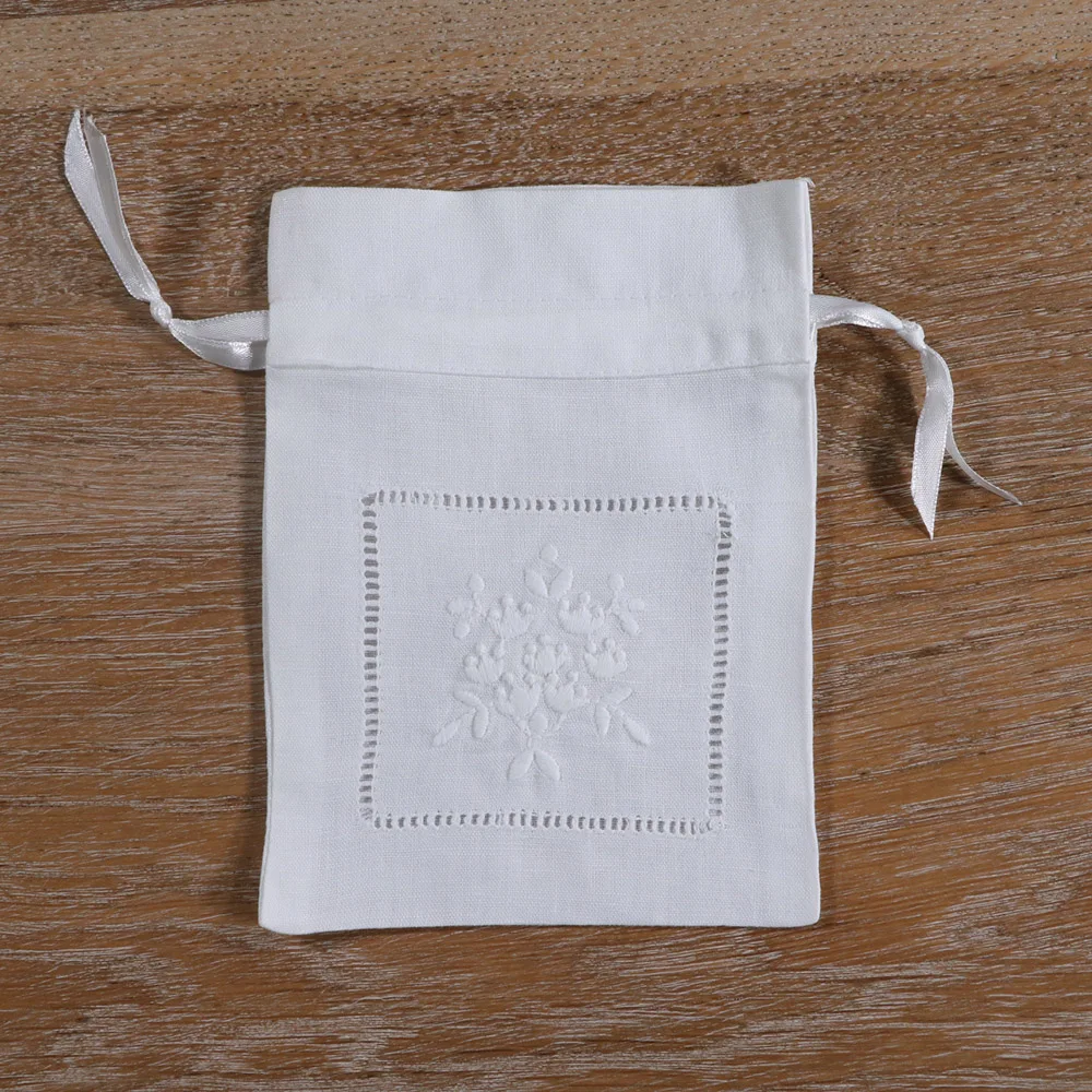 B023：12 pieces White Linen Cotton  embroidery  Gift Sachet bags Travel storage pouch Drawstring bags