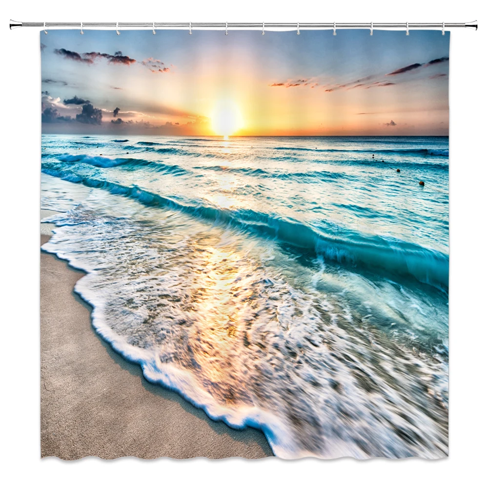 Ocean Beach Shower Curtains Set Sea Wave Summer Scenery Blue Sky Landscapes Shell Starfish Bathroom Decor Polyester Bath Curtain