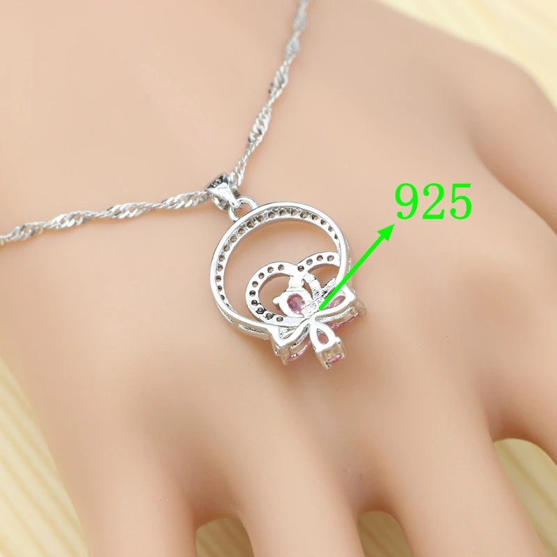 Flower Jewelry Sets For Bride Pink Cubic Zirconia White Crystal 925 Silver Ring Bracelet Necklace Pendant Earrings Sets