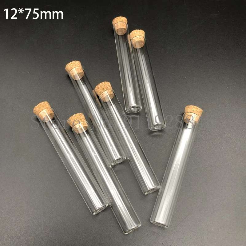 20pcs 50pcs 100pcs Lab 12x75mm Thickening Glass Flat-bottom Test Tube with Cork Stoppers School SuppliesMini Vial Tube