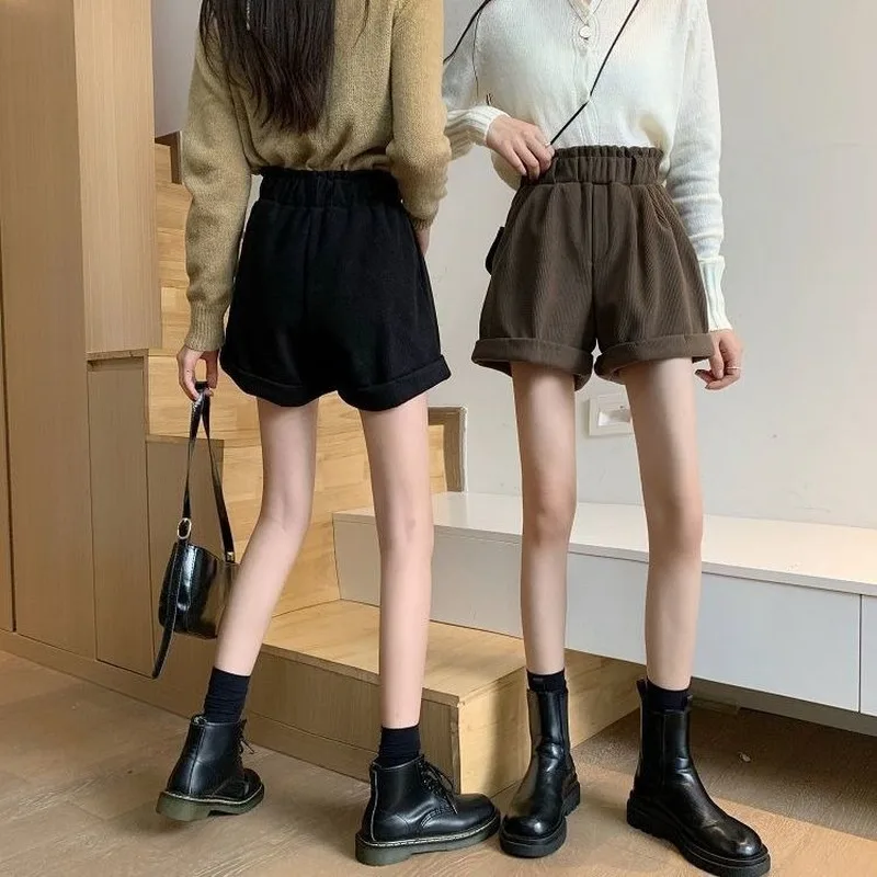 Shorts Womens Autumn High Waist Solid Simple Retro Friends Corduroy Wide Leg Loose Elastic  Female Korean Style A-Line Chic