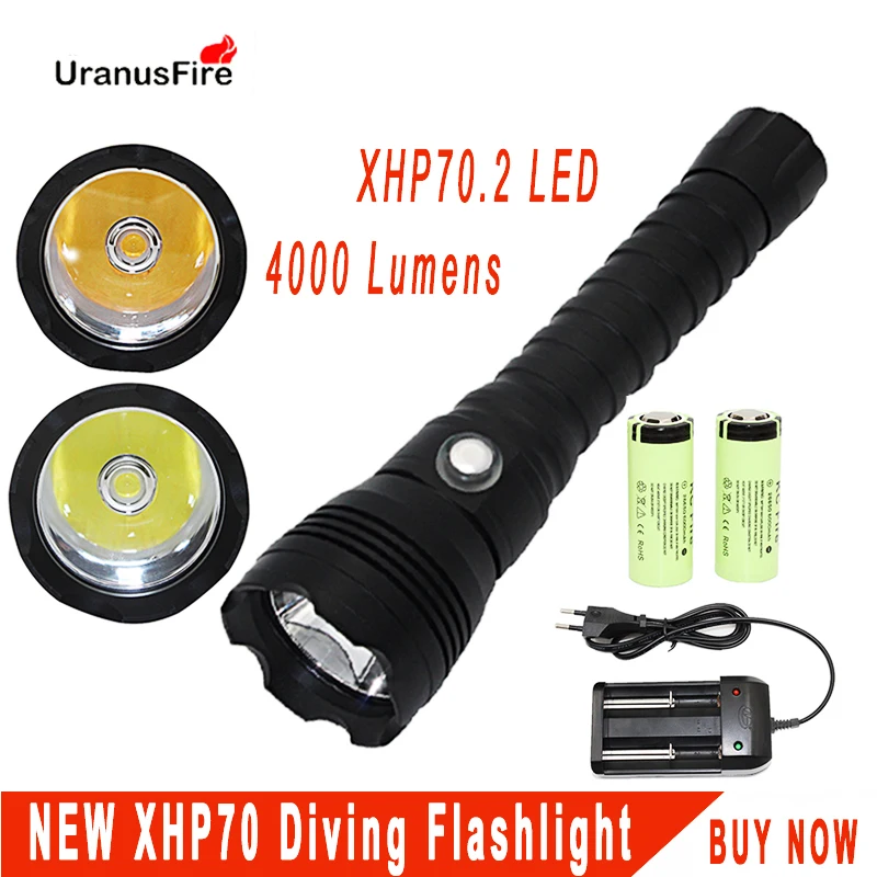 XHP70.2 LED Đèn Pin Lặn Chiến Thuật 26650 Đèn Pin Vàng/Trắng Sáng 4000 Lumen Dưới Nước 100M Chống Nước XHP70 Bổ Nhào Đèn