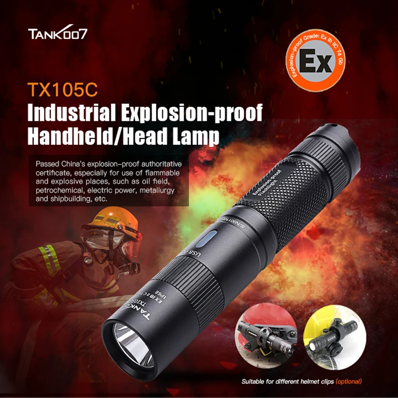 TANK007 Micro Explosion-proof Helmet Torch 350 Lumens High Power LED Flashlight Fireproof Torch Headlight Light USB C Charging