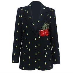 Cherry sequin embroideren small suit women notched small fragrance pineapple printed blazer