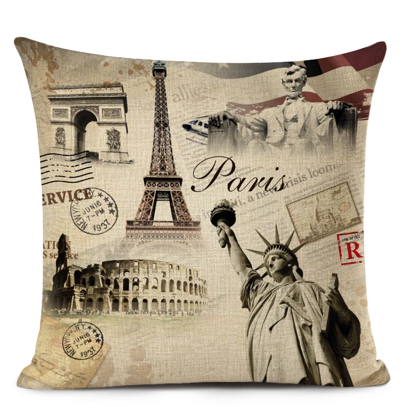 Retro architecture Cushion Cover Vintage Eiffel Tower Pillow case Car Seat Linen Home Decor London Eye Pillow Cover