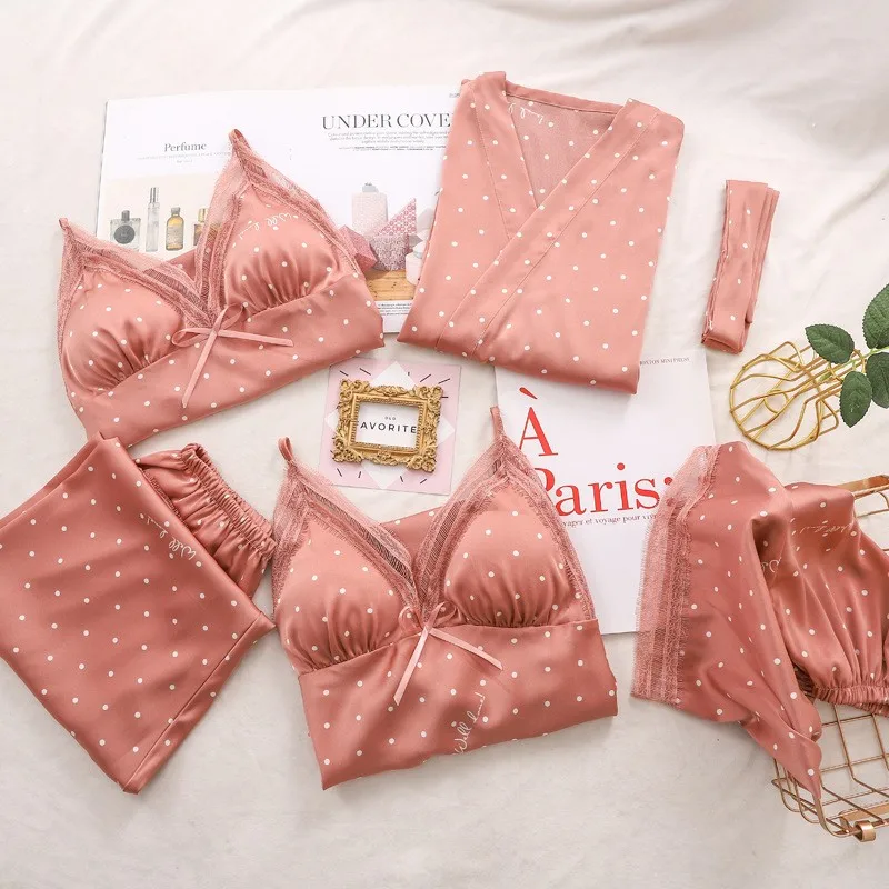 Pajamas Suit Women Sexy Pyjamas Print Polka Dot Sleepwear Loose Nightwear Satin Intimate Lingerie Casual Shirt&Pants Sets