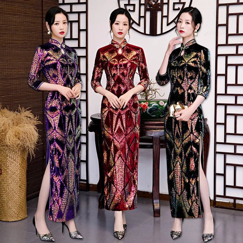 

Novelty Clothes New Women Velour Gorgeous Sequins Qipao Stage Show Dance Evening Party Dress Elegant Sexy Long Fork Cheongsam