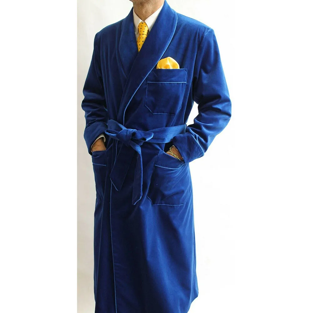 

Autumn/Winter Blue Velvet Suits Jackets Men Smoking Blaze Double Breasted Trench Overcoat Custom Made Long Coat Wedding Tuxedo