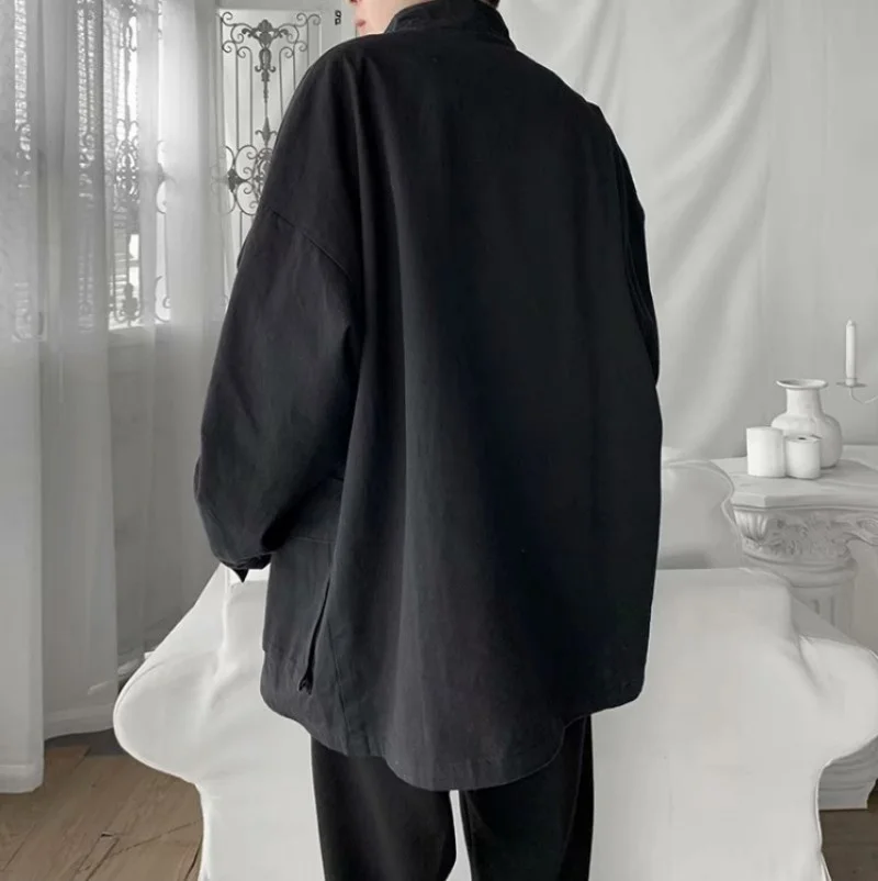 

Style Japan Vintage Cargo Coat Men Harajuku Multiple Pockets Black Army Green Casual Jacket Stand Collar Loose Mens Outerwear