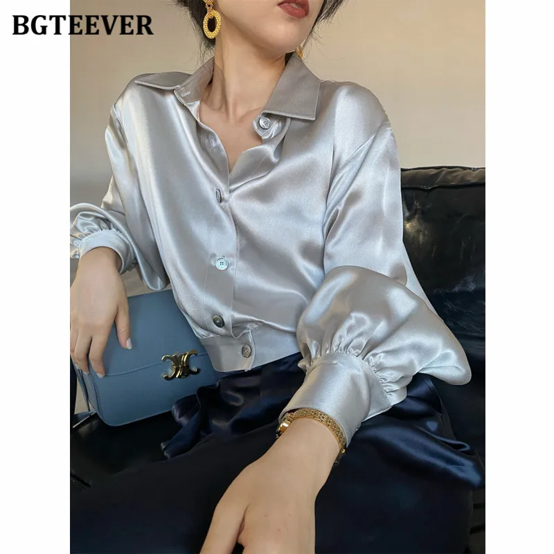 BGTEEVER Vintage Satin Women Blouses Autumn Winter Lapel Lantern Sleeve Loose Single-breasted Female Shirts Short Tops 2021