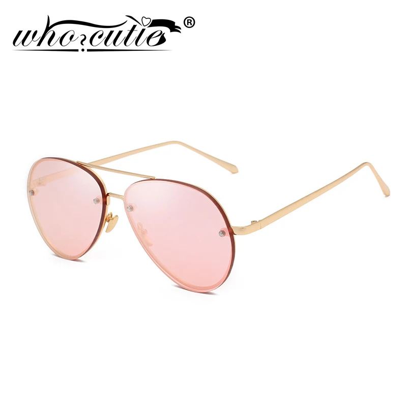 WHO CUTIE Classic Women occhiali da sole pilota senza montatura Designer di marca moda giallo tinta lente specchio rosa occhiali da aviazione UV400