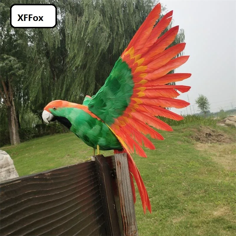 big simulation wings parrot model foam&furs green&fire red parrot bird doll gift about 40x60cm xf2428