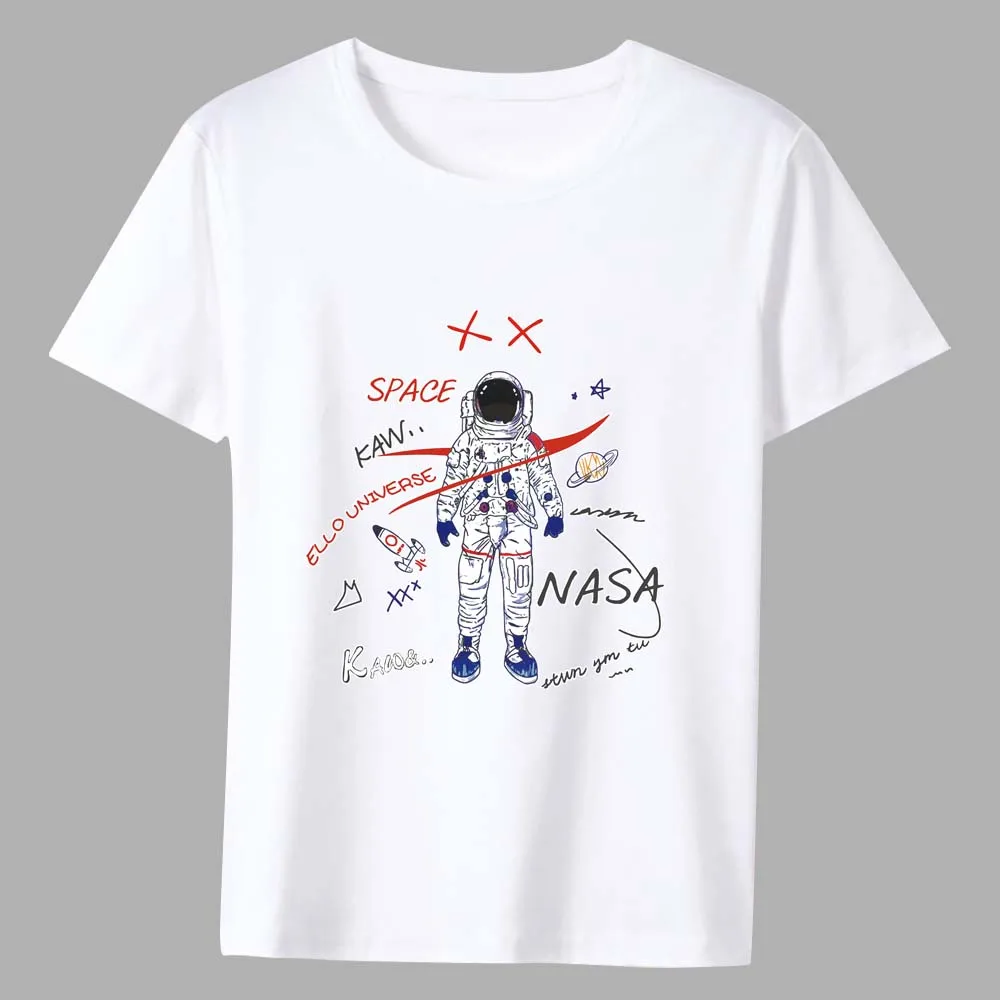 Men\'s T-shirt New Hot Sale Cartoon Astronaut Pattern Print Series Tee Shirt Summer Casual White Classic Male Short-sleeved Tops