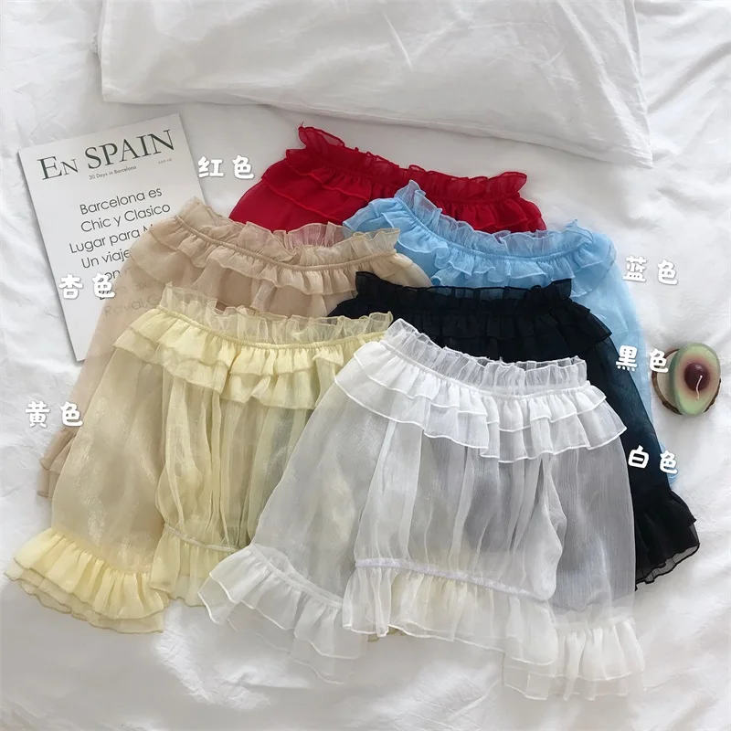 ฤดูร้อนญี่ปุ่นหวานผู้หญิงเสื้อเสื้อเสื้อ Kawaii นุ่ม Girly Lolita บินแขนลูกไม้ Ruffles มุมมองฐานเสื้อ