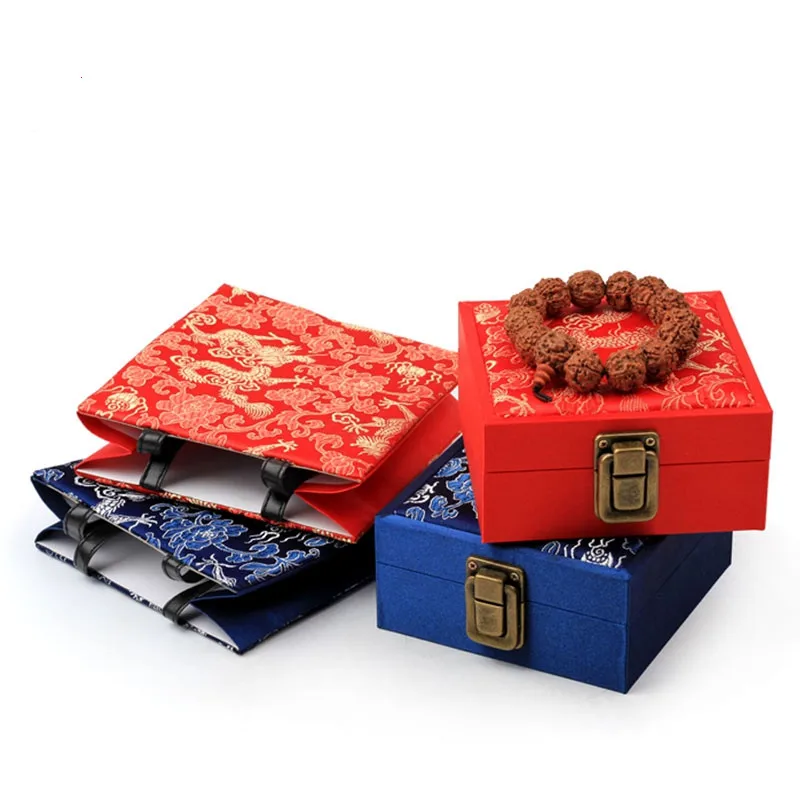 Square Dragon Lock Catch Chinese Silk Brocade Gift Boxes with Handbag Set Packaging Large Jewelry Bracelet Storage Case