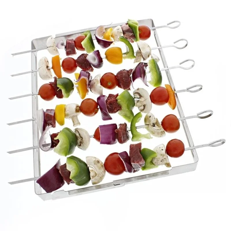 

BBQ Skewer Rack for Grilling Shish Kebob skewers Durable Foldable BBQ Skewer Holder with 6pcs Stainless Steel BBQ Sticks Fork