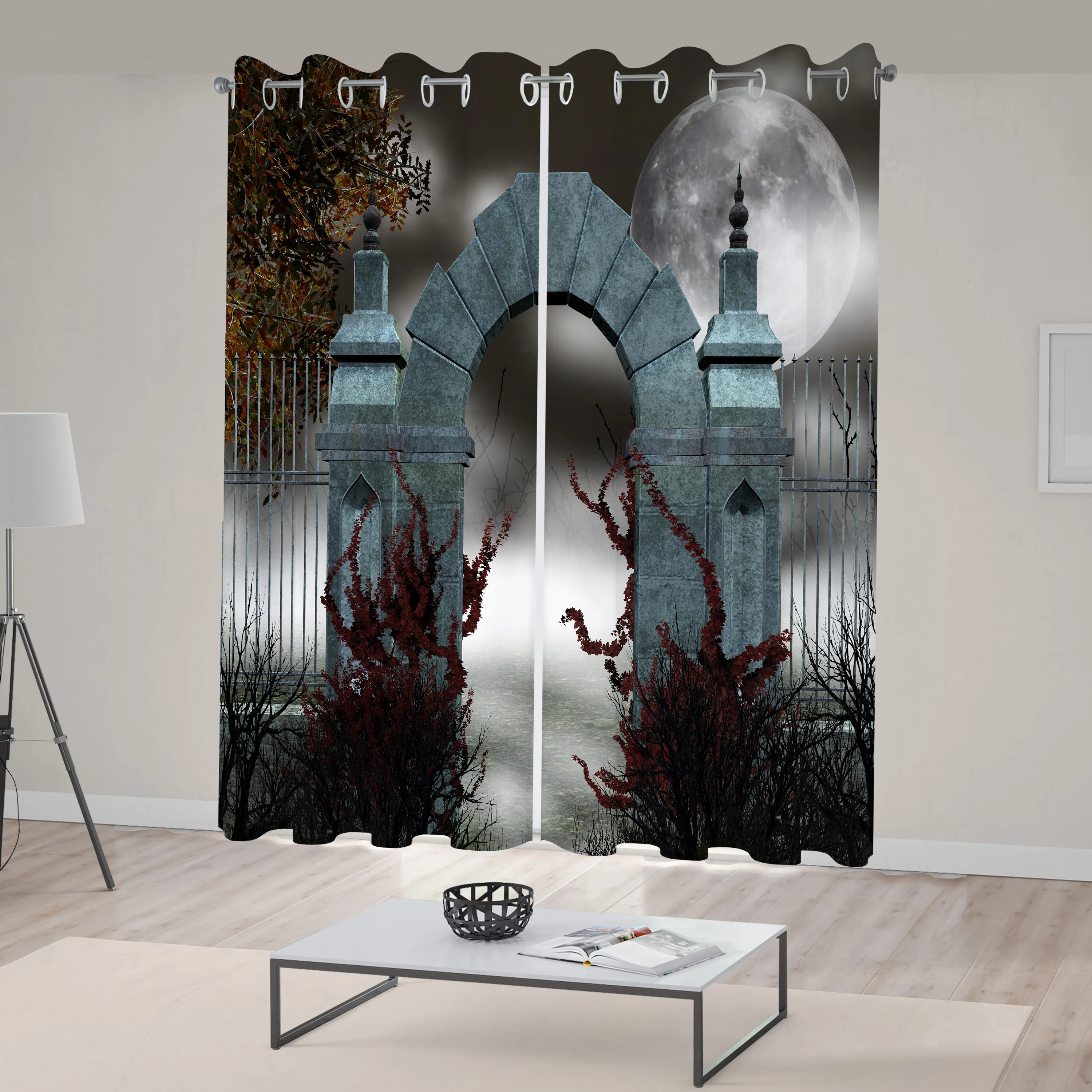 Gothic Window Curtains Scary Medieval Middle Age Stone Gate with Fog Full Moon and Ivy Dark Night Theme Art Living Room Decor