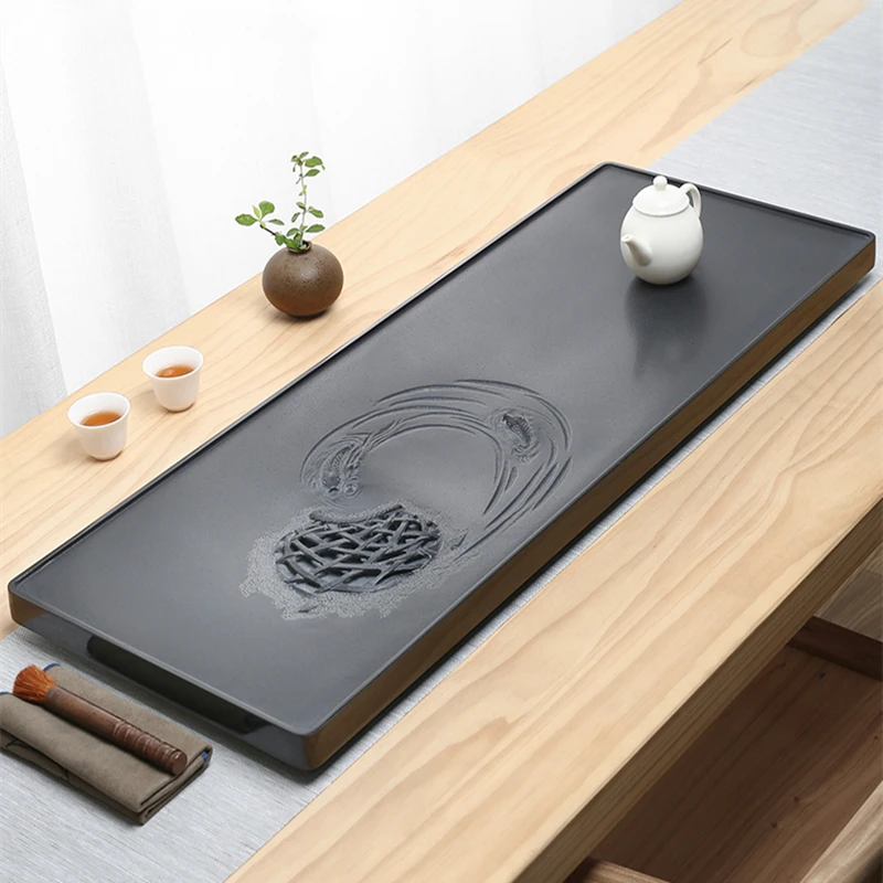 handmade carved tea tray heavy black stone lotus root fish relief pond design water draining tea boat serving tray table China