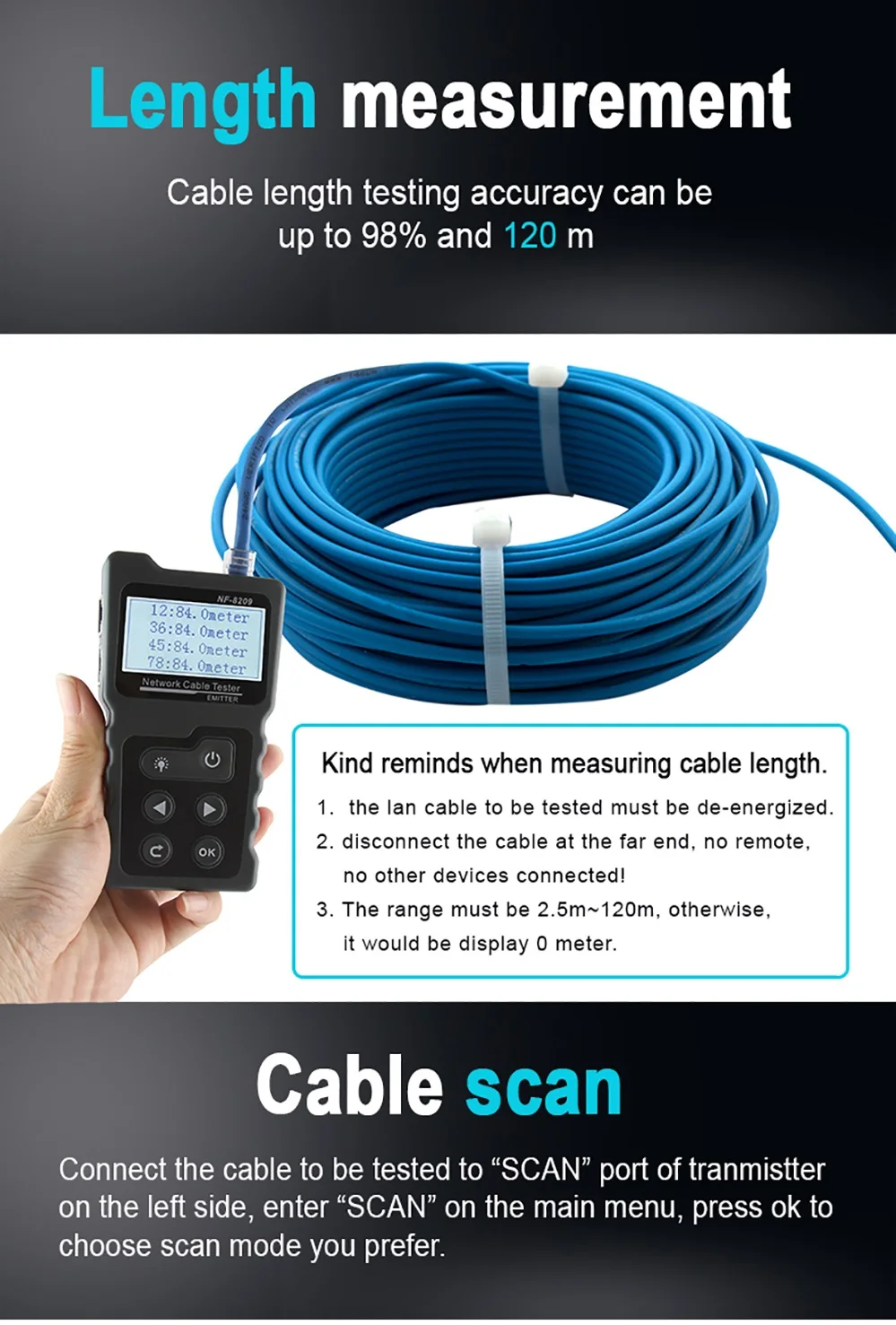 NOYAFA NF-8209 rastreador de cables pantalla Lan probador de medida herramientas de red pantalla LCD medida longitud probador de mapa de cables