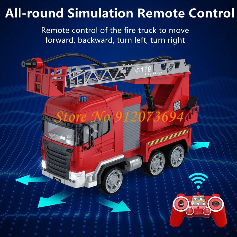 1:20 Simulation Water Spray Remote Control Fire Truck 30Mins 360° Console Rotation Lift Ladder Bright Police Lights RC Truck Toy