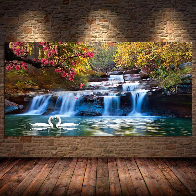 Waterfall Woods Swan Canvas Painting Home Decoration Posters and Prints Wall Art For Living Room Bedroom Artwork Decor