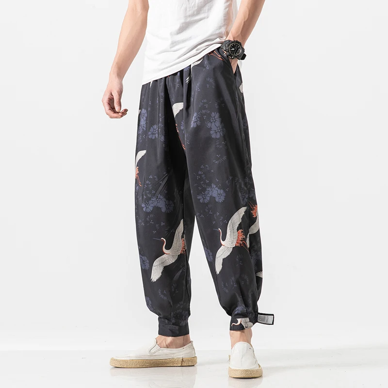 Fashion Japanese Style Man Crane Print Wide Leg Pants Harajuku Ukiyo-e Summer Harem Trousers Asian Kimono Yukata for Male