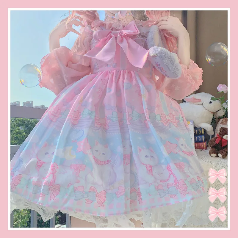 Japanese sweet lolita  strap dress vintage bowknot lace printing high waist princess victorian dress kawaii girl gothic lolita