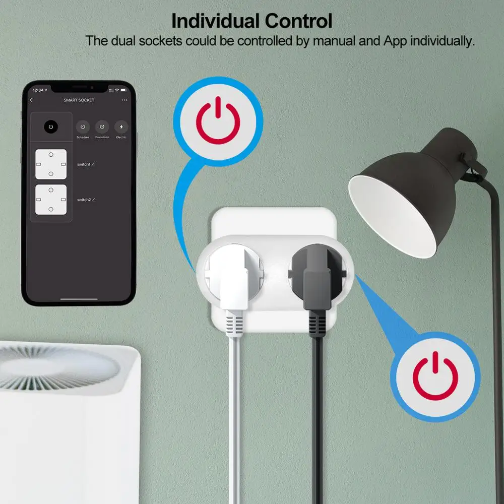 GIRIER Tuya Smart Plug, WiFi Dual Socket Outlet 16A with Power Monitoring App Voice Timer Functions, Work with Alexa Google Home