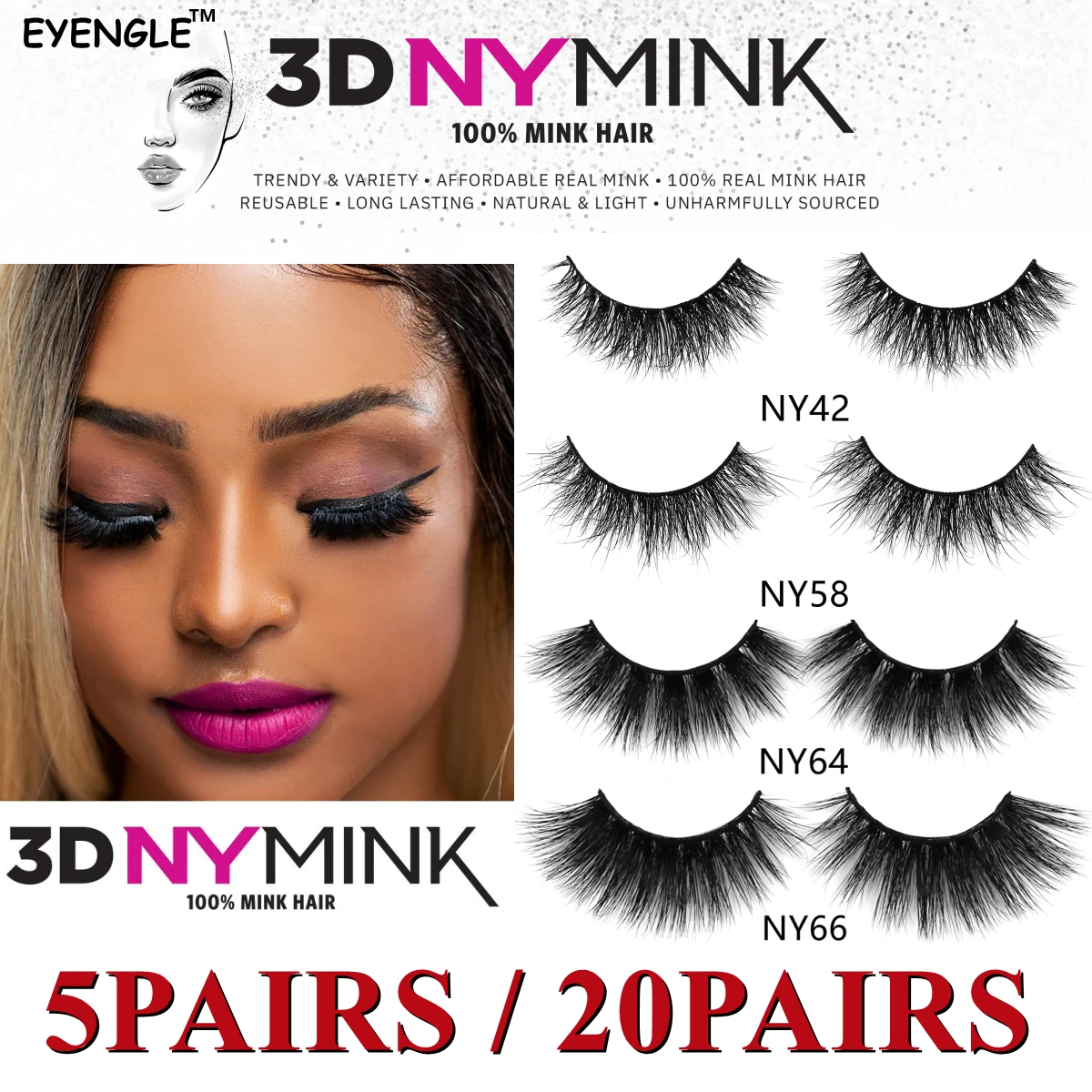 

EYENGLE 3D Real Mink Lashes 5/20pairs Fluffy Dramatic Makeup False Eyelashes Soft Volume Natural Long Thick Reusable Eyelash