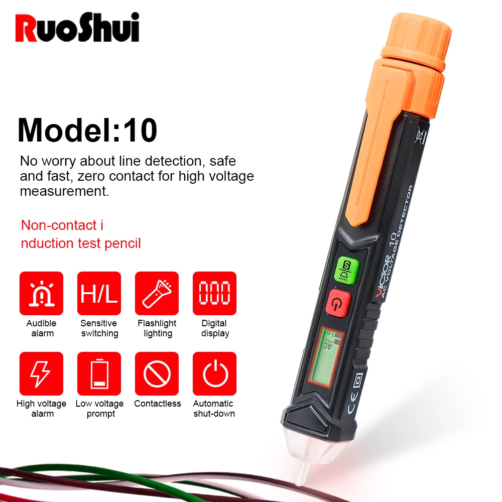 RuoShui-Detector de voltaje de CA sin contacto, medidor con pantalla LCD, alarma de sensibilidad NCV, disyuntor eléctrico, probador de lápiz, 10 Uds.