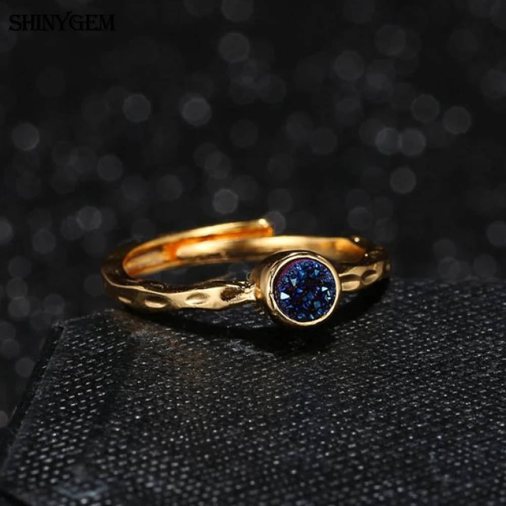 

ShinyGem Fashion 4mm Natural Crystal Druzy Rings Vintage Adjustable Gold Plating Embossed Wedding Small Stone Rings For Women