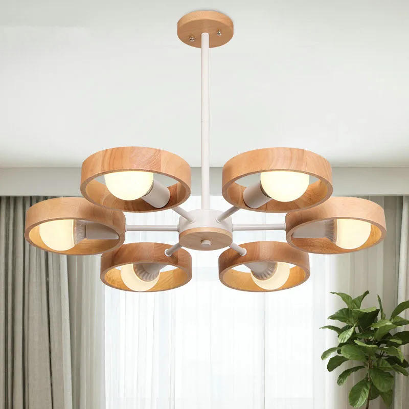 

Scandinavian rustic chandelier 360 degree rotation E27 wood light fixture creative home black white ring chandelier