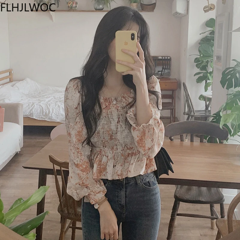 Blusas elegantes de Corea para mujer, Top corto con estampado Floral y hombros descubiertos, diseño de Flhjlwoc, 2021