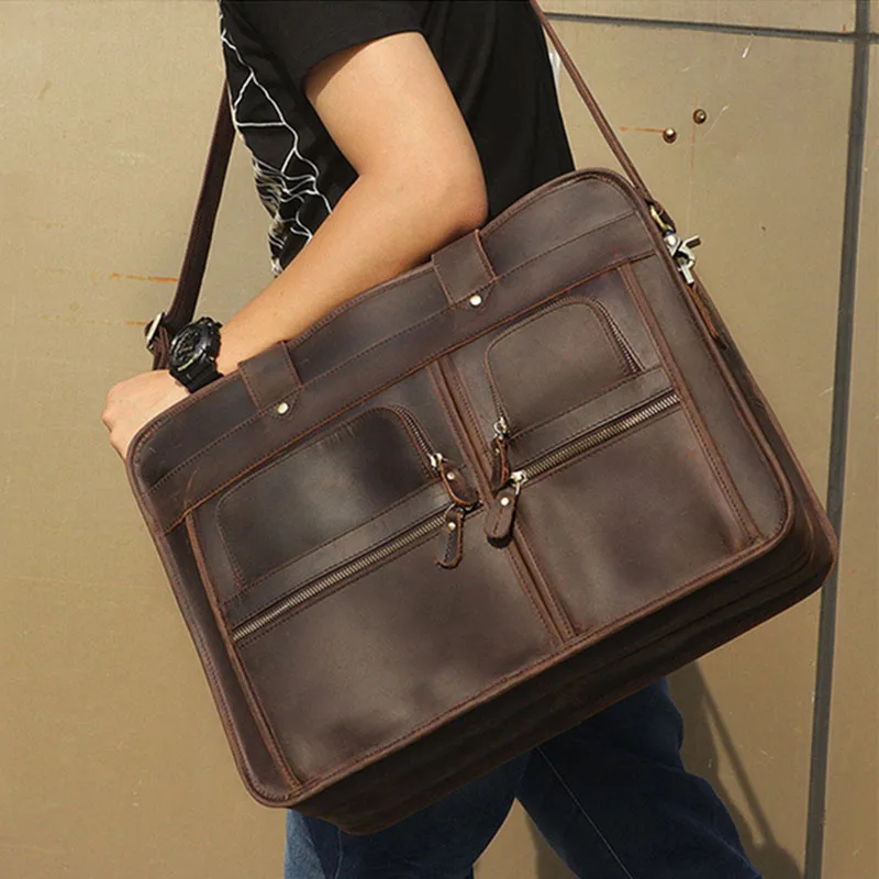 Vintage Genuine Cow Leather Mens Briefcase Handbag 17 inch Laptop Business travel bag Multifunction big shoulder bag Work Tote