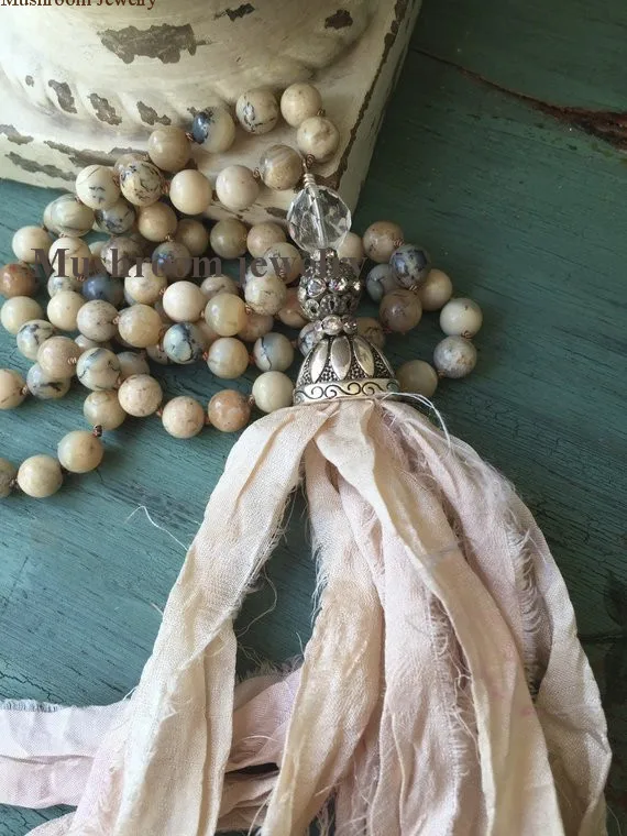 African Opal Stone Bead Sari Silk Tassel Boho Necklace