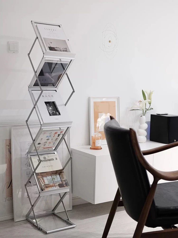 

Magazine Rack Decorative Floor Bookshelf TikTok Aluminum Alloy Shooting Ins Folding Bookshelf Display