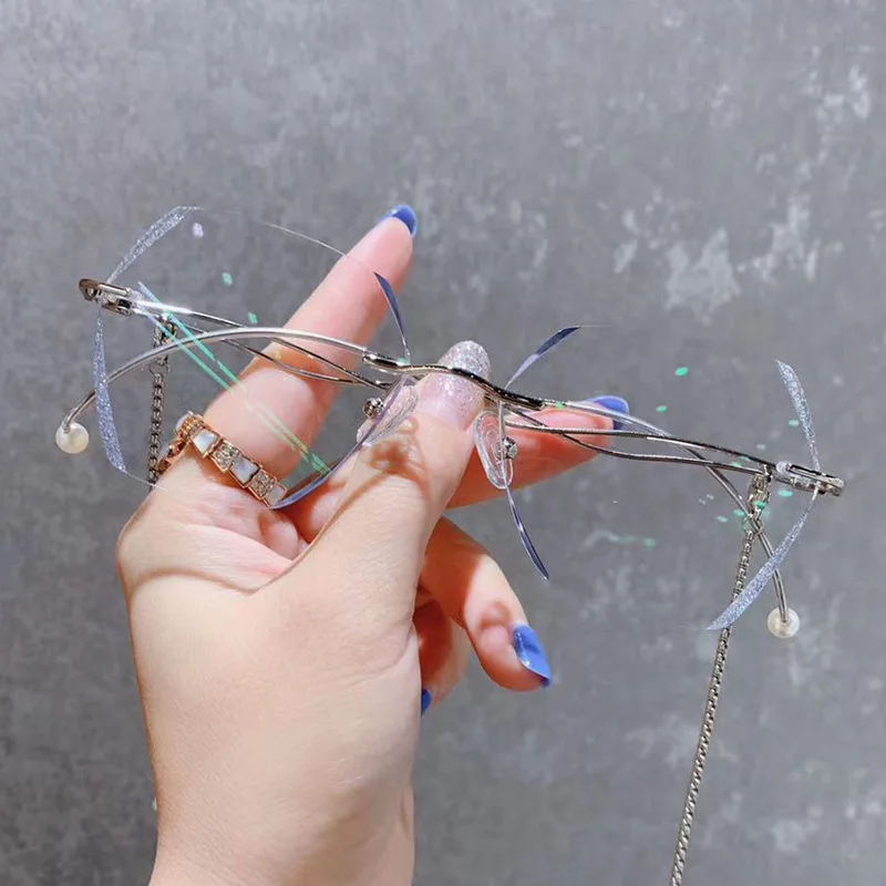 

0~10.0 2021 New Fashion Anti-blue Light Retro Net Red Square Glasses Frame Frameless Diamond Trim Can Be Equipped with Myopia