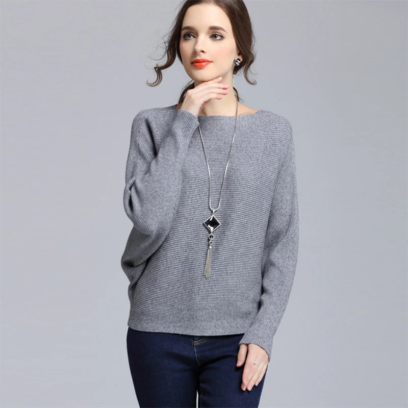 Kakaforsa Sweter Musim Dingin Rajut Elastis Fashion Pullover Katun Lengan Batwing Solid Wanita Sweter Leher Slash Lengan Panjang