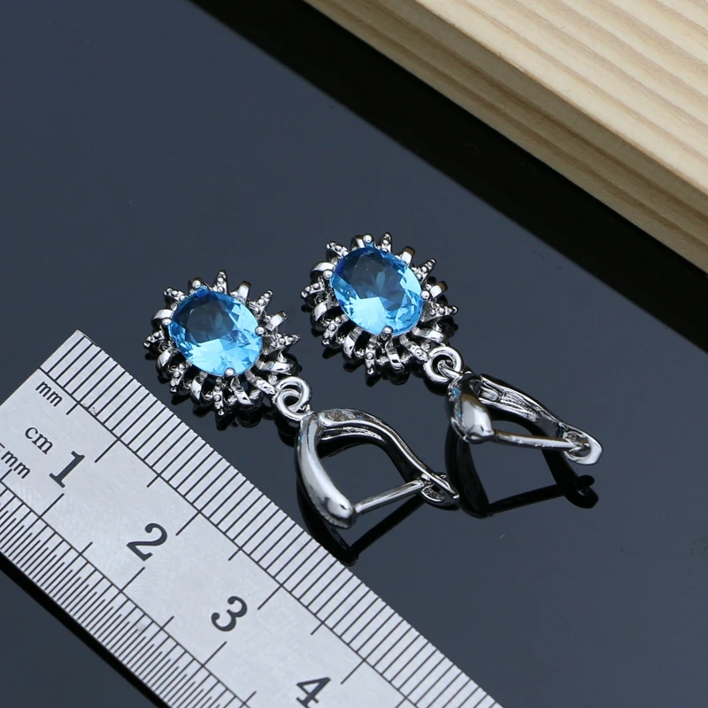 925 Conjuntos de Jóias para Mulheres, Céu Azul Cristal Birthstone, Colar Fashion, Presente para Sua Festa