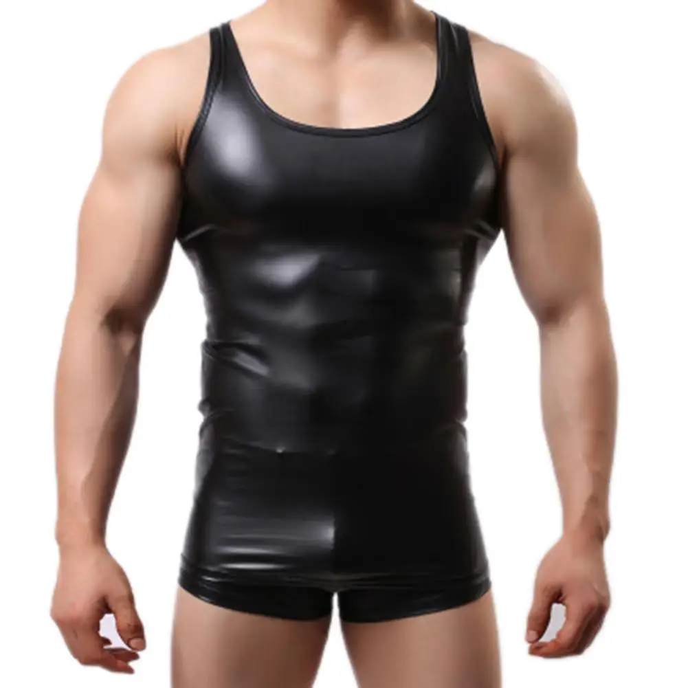 2021 New Summer Men Sexy Solid Color Tank Tops Sleeveless Low-cut Faux Leather Slim Vest Gym Sports Punk Tank Top