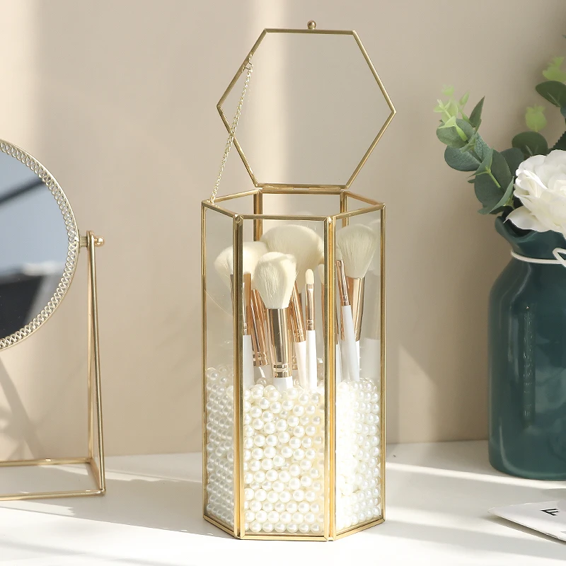 

Glass Makeup Brush Storage Bucket Dressing Table Dust Flip Storage Tank Nordic Style Home Decoration Desktop Ornaments Pencher