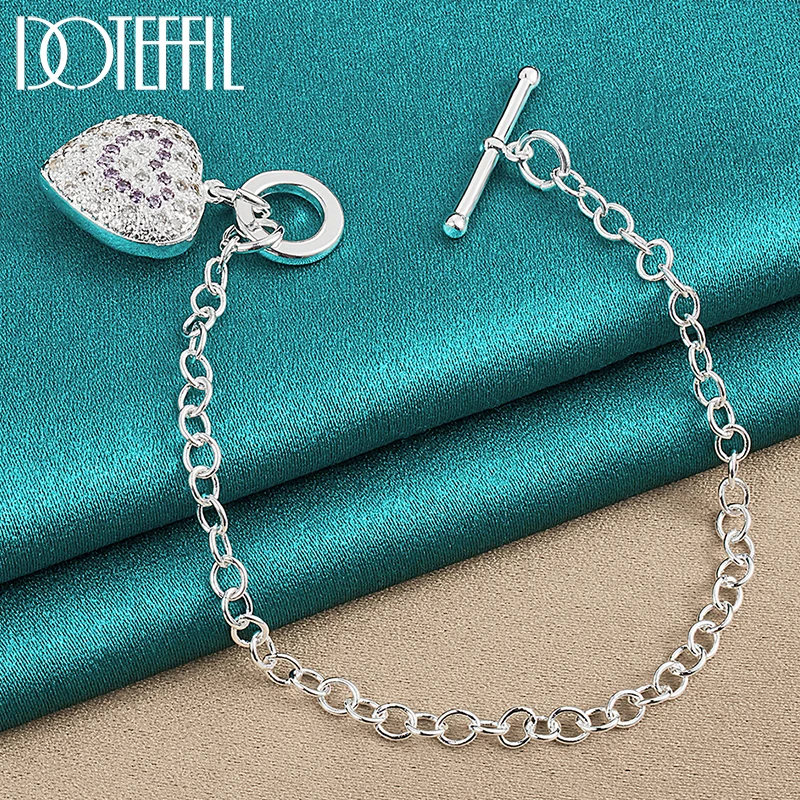 DOTEFFIL 925 Sterling Silver Purple AAA Zircon Heart Bracelet Chain For Women Wedding Engagement Party Fashion Jewelry