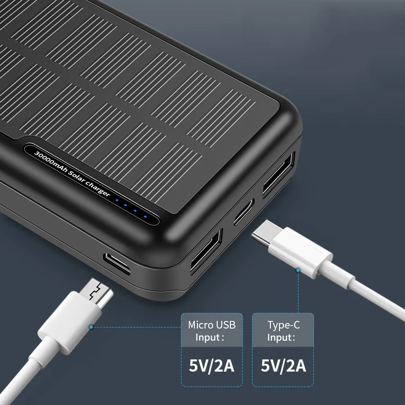 30000mah banco de energia solar carregador portátil duplo usb tipo c poverbank para iphone 11 pro samsung s20 xiaomi mi9 powerbank para ipad